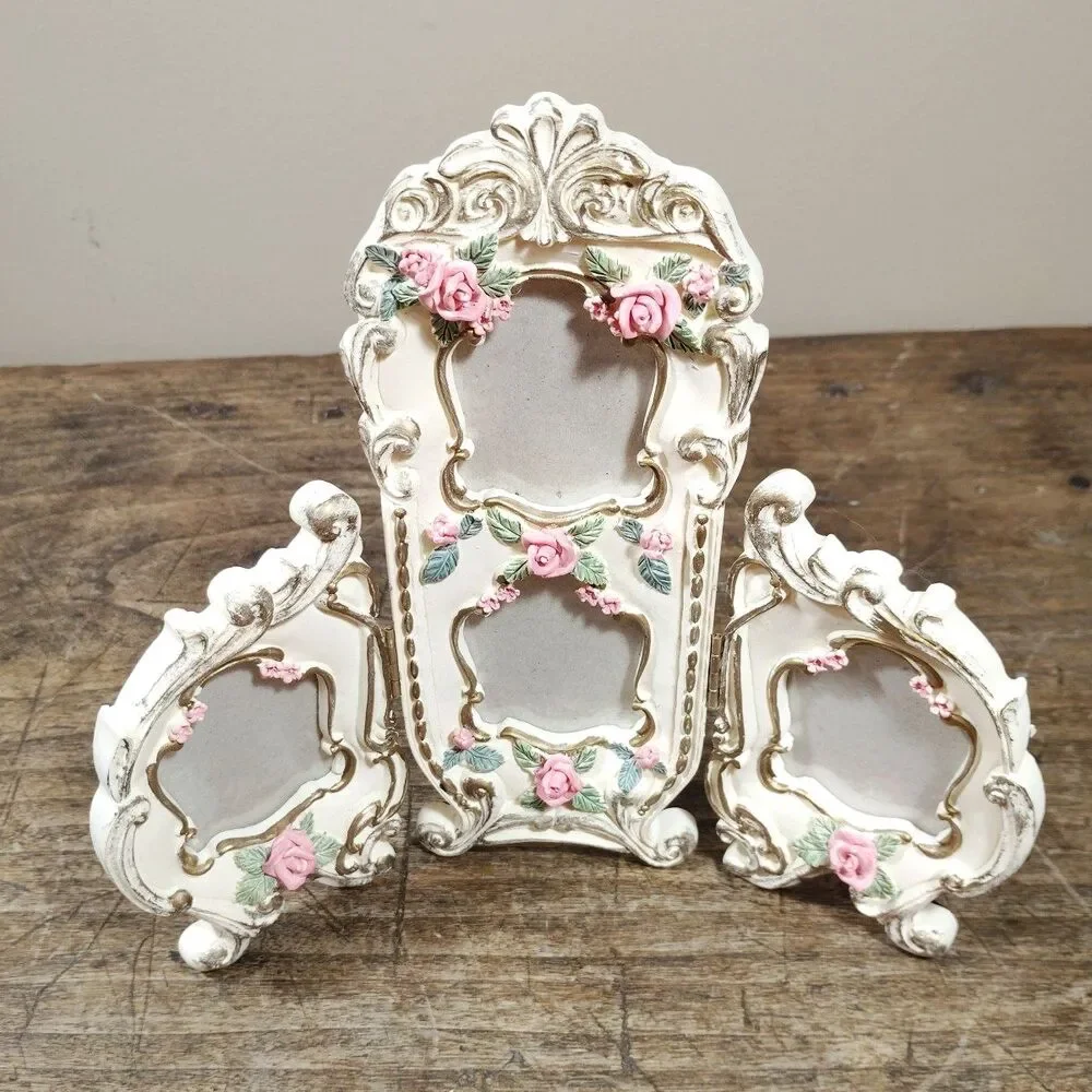 Vintage Victorian Photo Frame Roses Four Photos Floral Flowers Tri Fold Standing